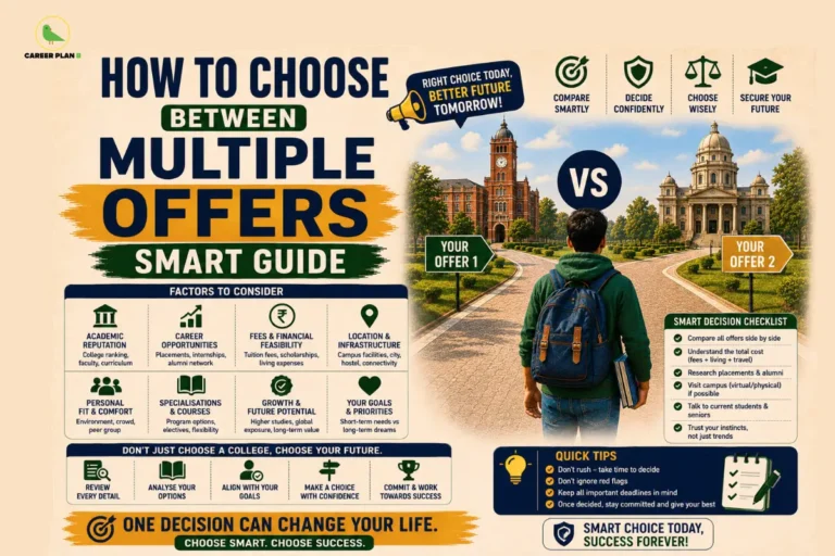 How to Choose Between Multiple College Offers – How to Choose Between Multiple Offers: Smart Guide infographic showing a student comparing Offer 1 vs Offer 2, factors to consider including academic reputation, career opportunities, fees, location, specializations, personal fit, growth potential, smart decision checklist, quick tips, and choosing the right college during CUET counselling.