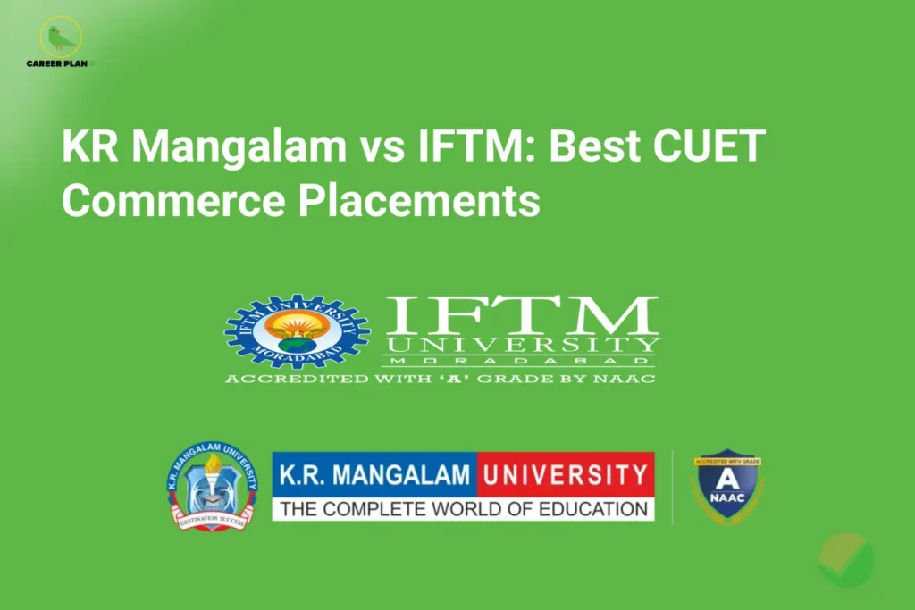 A comparison graphic on a green background titled "KR Mangalam vs IFTM: Best CUET Commerce Placements." The image features the logos of IFTM University Moradabad (accredited with an 'A' grade by NAAC) and K.R. Mangalam University alongside a NAAC A shield, with the Career Plan B logo showing a green bird in the upper left corner.