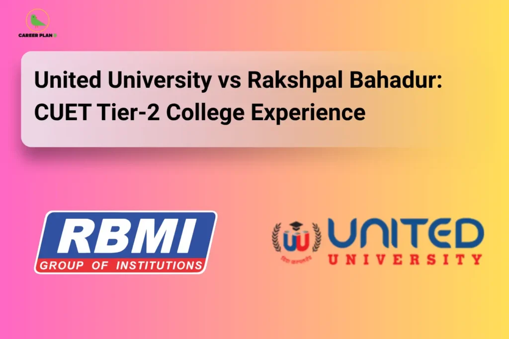 A comparison graphic on a pink and yellow gradient background titled "United University vs Rakshpal Bahadur: CUET Tier-2 College Experience." The image displays the RBMI Group of Institutions and United University logos, along with the "Career Plan B" logo in the top left corner, which features a green bird icon inside a yellow circle.