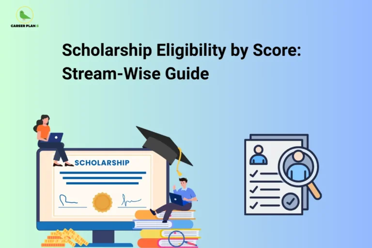 Career Plan B cover on scholarship eligibility by score, showing students with a scholarship certificate and a profile screening checklist.