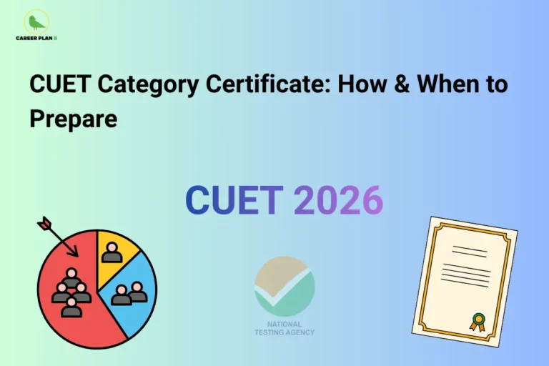 Featured image showing the CUET Category Certificate guide with the title "CUET Category Certificate: How & When to Prepare," featuring category icons, an official certificate, and NTA branding representing category certificate requirements for CUET 2026 admissions.