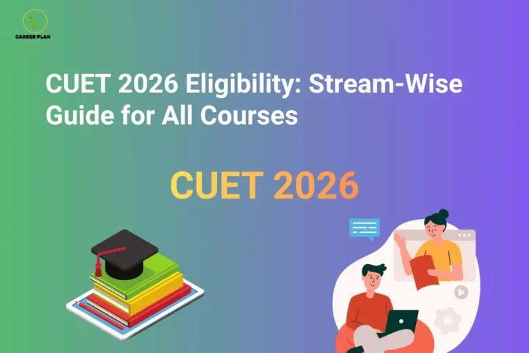 Featured image displaying the title "CUET 2026 Eligibility: Stream-Wise Guide for All Courses" with illustrations of graduation books and students participating in online learning. The image represents CUET 2026 stream-wise eligibility, subject combinations, course-specific admission criteria, qualification requirements, and undergraduate admission guidelines for Science, Commerce, Arts, and other academic streams.