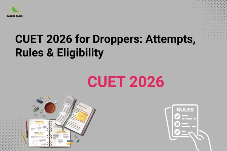 Illustration of study materials and eligibility rules for CUET 2026 for droppers, covering attempts, admission rules, and eligibility criteria.