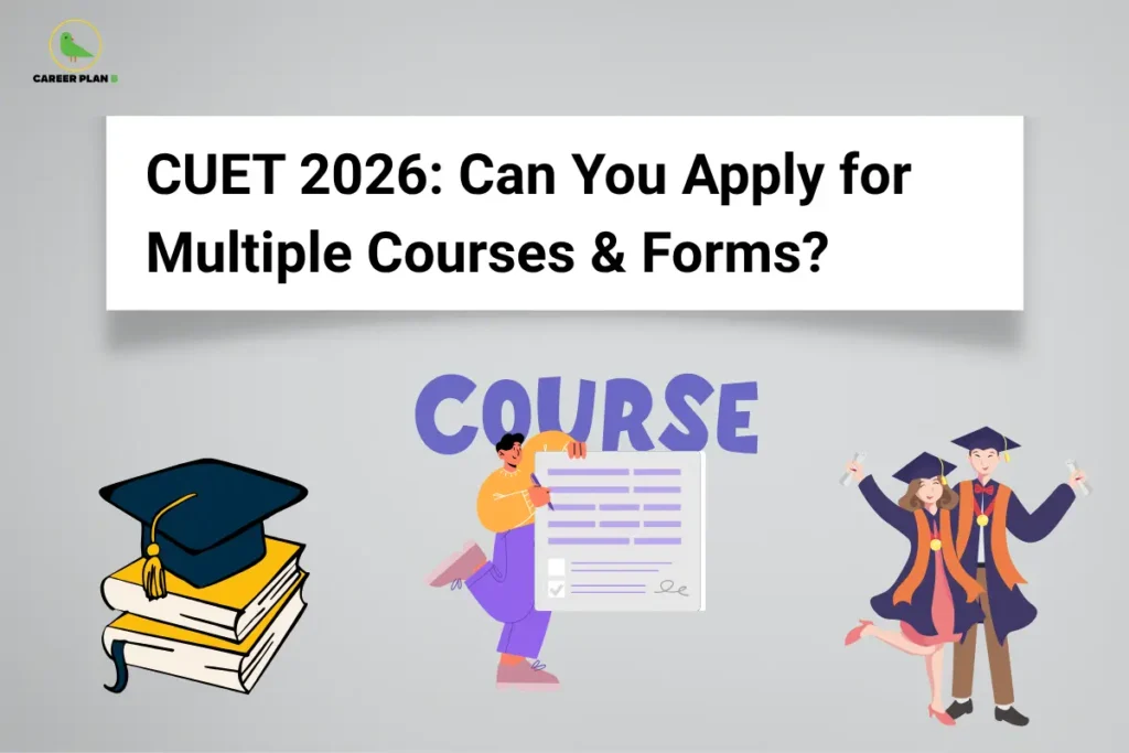 CUET 2026 multiple courses – CUET 2026: Can You Apply for Multiple Courses & Forms? featuring graduation books, a course application form, and graduating students.