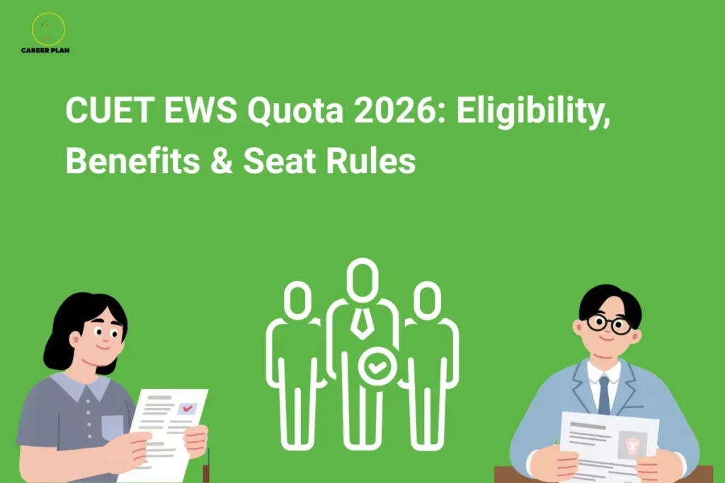 Illustration for CUET EWS Quota 2026 showing students holding documents, an EWS eligibility icon with three people and a checkmark, and the title "CUET EWS Quota 2026: Eligibility, Benefits & Seat Rules" on a green background representing EWS reservation, admission eligibility, and seat reservation rules for CUET 2026.