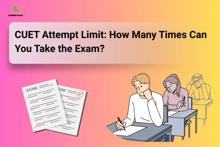 Image contains the title "CUET Attempt Limit: How Many Times Can You Take the Exam?", Career Plan B logo, exam answer sheets with grades, students writing an exam, and illustrations representing CUET Attempt Limit and multiple exam attempts, eligibility, and CUET UG admissions.