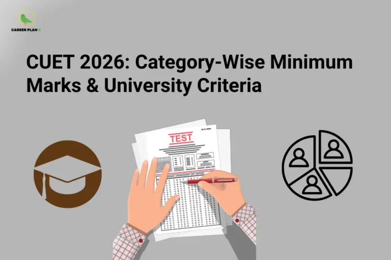 CUET 2026 Minimum Marks infographic showing a student filling an OMR answer sheet, a graduation cap icon, a category-wise admission icon, and the title "CUET 2026: Category-Wise Minimum Marks & University Criteria," representing qualifying marks, category-wise eligibility, university cutoffs, and CUET admission criteria.