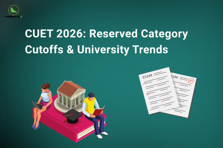 CUET 2026: Reserved Category Cutoffs & University Trends – illustration showing students studying beside a university building and graduation cap, along with exam answer sheets, highlighting CUET 2026 Reserved Category Cutoffs, category-wise admission trends, expected university cutoffs, and reservation benefits for SC, ST, OBC-NCL, EWS, and PwD candidates.