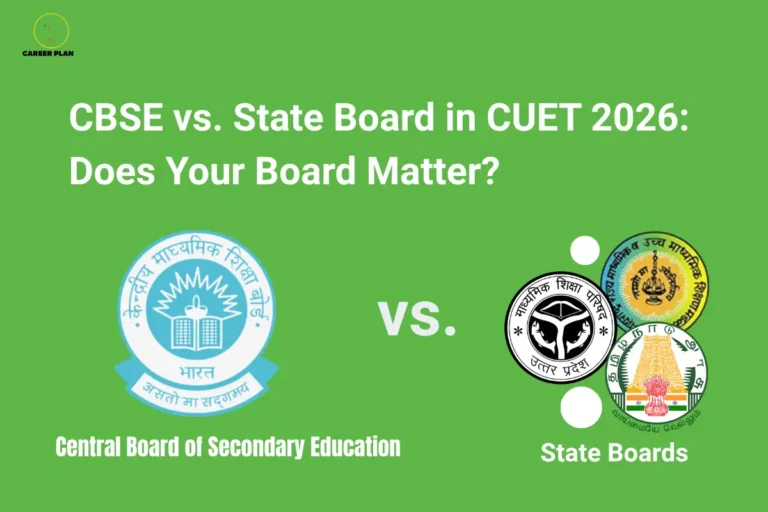 CBSE vs State Board in CUET 2026: Does Your Board Matter? – illustration comparing the Central Board of Secondary Education (CBSE) logo with multiple State Board logos, separated by a "VS." symbol, highlighting CBSE vs State Board in CUET, syllabus differences, NCERT alignment, eligibility, and CUET 2026 admission preparation.