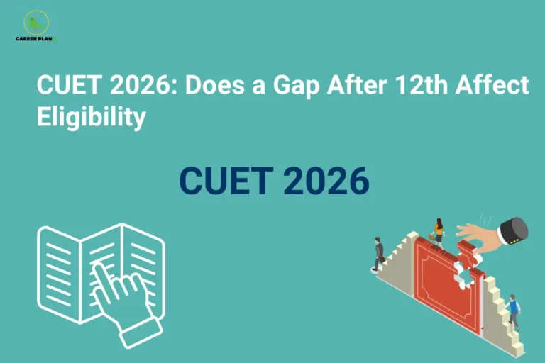 CUET 2026: Does a Gap After 12th Affect Eligibility – illustration showing the text "CUET 2026," a hand interacting with an open document, and students climbing stairs over a wall with a helping hand, highlighting CUET Gap Year Eligibility, gap year after Class 12, eligibility criteria, university admissions, and opportunities through CUET 2026.