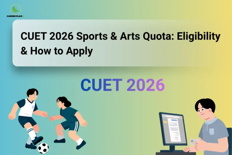 CUET 2026 Sports & Arts Quota: Eligibility & How to Apply – illustration showing two students playing football, a student completing an online admission application on a computer, and the title "CUET 2026 Sports & Arts Quota: Eligibility & How to Apply," highlighting CUET Sports & Arts Quota, sports achievements, ECA eligibility, university admissions, required documents, and the CUET 2026 application process.