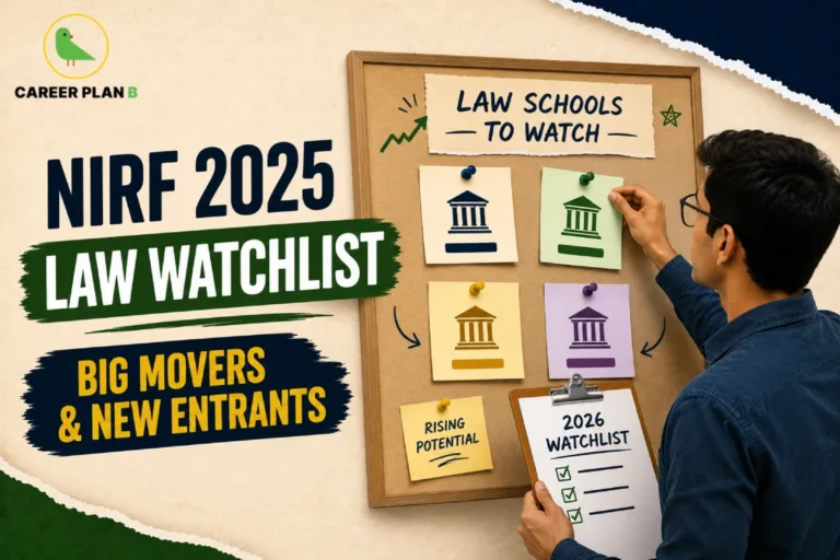 An analysis presentation graphic by Career Plan B titled "NIRF 2025 LAW WATCHLIST: BIG MOVERS & NEW ENTRANTS." The background features a textured beige design with torn dark blue and green paper accents along the borders. On the right, a young man wearing glasses holds a clipboard labeled "2026 WATCHLIST" while pinning colorful sticky notes containing university building icons onto a cork bulletin board titled "LAW SCHOOLS TO WATCH." The Career Plan B green bird logo is located in the upper-left corner.
