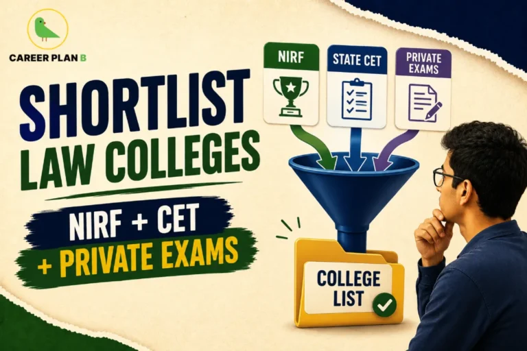 A strategic guide graphic by Career Plan B titled "SHORTLIST LAW COLLEGES: NIRF + CET + PRIVATE EXAMS." The image uses a textured beige background with torn dark blue and green paper edges along the top and bottom borders. On the right, a pensive young man wearing glasses looks towards a large blue funnel processing three key channels labeled "NIRF" with a trophy icon, "STATE CET" with a checklist clipboard icon, and "PRIVATE EXAMS" with a document icon. The funnel filters these elements down into a yellow folder labeled "COLLEGE LIST," while the Career Plan B green bird logo is displayed in the upper-left corner.
