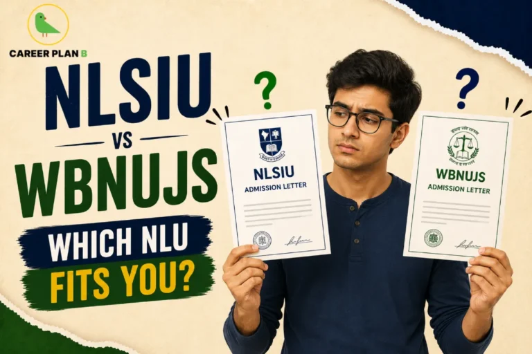 An institutional comparison graphic by Career Plan B titled "NLSIU vs WBNUJS: WHICH NLU FITS YOU?" The design shows a textured beige background with torn dark blue and green paper accents at the top and bottom edges. In the center, a confused young man wearing glasses looks between two admission letters he is holding: an NLSIU admission letter with its official blue crest on the left, and a WBNUJS admission letter with its official green scales of justice crest on the right, while the Career Plan B green bird logo sits in the top-left corner.