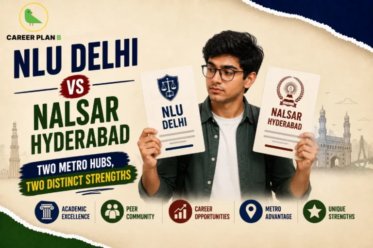 A university comparison infographic by Career Plan B titled "NLU DELHI vs NALSAR HYDERABAD: TWO METRO HUBS, TWO DISTINCT STRENGTHS." The graphic has a textured beige background with torn dark blue and green paper edges along the top and bottom borders. In the center, a young man wearing glasses looks intently at two institutional scorecards he is holding: a blue shield emblem for NLU Delhi on the left and a maroon wreath emblem for NALSAR Hyderabad on the right, with silhouettes of city monuments in the background. The Career Plan B green bird logo sits in the top-left corner.