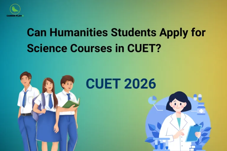 Can Humanities Students Apply for Science Courses in CUET? – illustration showing three Humanities students in school uniforms, the text "CUET 2026," and a female doctor holding a clipboard, highlighting Humanities Students Science Courses CUET, stream change opportunities, science course eligibility, university admission requirements, and CUET 2026 subject selection.