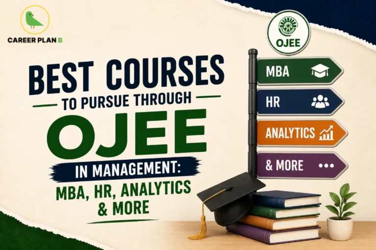A management education career guide graphic by Career Plan B titled "BEST COURSES TO PURSUE THROUGH OJEE IN MANAGEMENT: MBA, HR, ANALYTICS & MORE." The design is set against a textured beige background with torn dark blue and green paper edges along the top and bottom borders. On the right, a directional signpost topped with the official circular OJEE logo features arrows pointing to different management pathways: "MBA" with a graduation cap icon, "HR" with a people icon, "ANALYTICS" with a growth chart icon, and "& MORE" with an ellipsis icon. A black graduation cap rests against a stack of textbooks on a wooden desk next to a small potted plant in the foreground. The Career Plan B green bird logo is located in the upper-left corner.