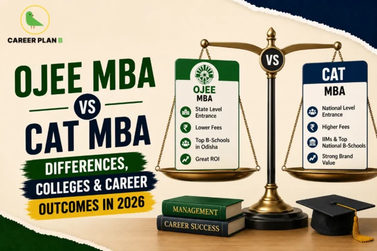 An exam comparison infographic by Career Plan B titled "OJEE MBA VS CAT MBA: DIFFERENCES, COLLEGES & CAREER OUTCOMES IN 2026." The visual layout displays a textured beige background with torn dark blue and green paper edges along the top and bottom borders. In the center, a large golden scale of justice balances two different profile cards: a green card detailing "OJEE MBA" (State Level Entrance, Lower Fees, Top B-Schools in Odisha, Great ROI) on the left, and a blue card detailing "CAT MBA" (National Level Entrance, Higher Fees, IIMs & Top National B-Schools, Strong Brand Value) on the right. In the foreground, a black graduation cap with a gold tassel sits on a wooden desk next to two stacked textbooks titled "MANAGEMENT" and "CAREER SUCCESS". The Career Plan B green bird logo is located in the top-left corner.