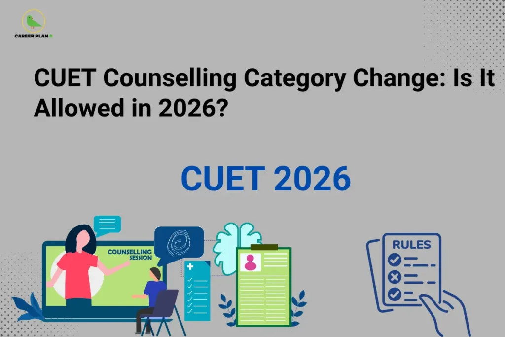 CUET Counselling Category Change: Is It Allowed in 2026? – illustration showing an online counselling session, a student attending counselling, a profile verification document, a rules checklist, and the text "CUET 2026," highlighting CUET Counselling Category Change, category correction rules, document verification, reservation category updates, and university counselling guidelines.