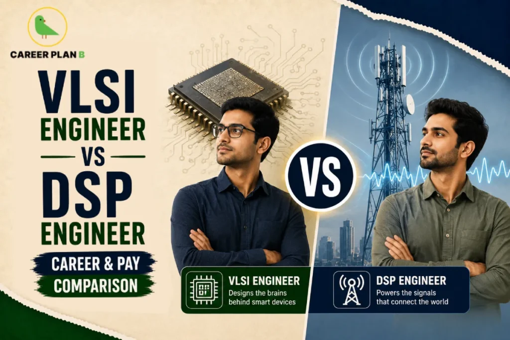 VLSI Engineer vs DSP Engineer comparison showing semiconductor chip design, digital signal processing, telecom engineering, salary, career growth, and future scope