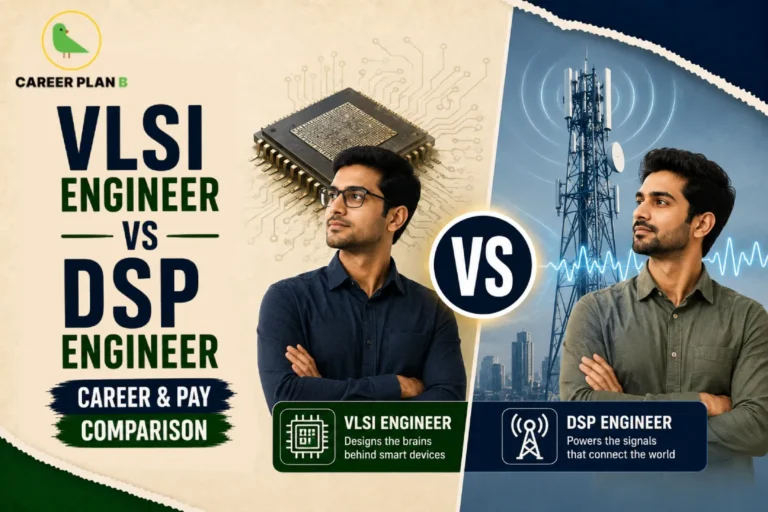 VLSI Engineer vs DSP Engineer comparison showing semiconductor chip design, digital signal processing, telecom engineering, salary, career growth, and future scope