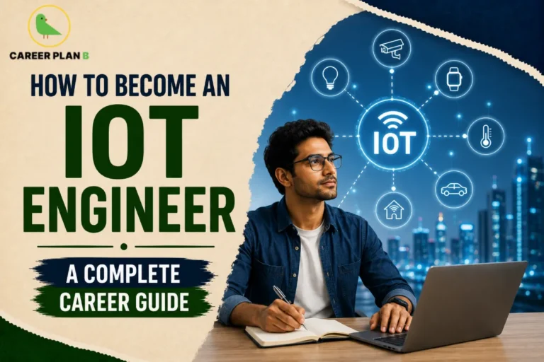 How to Become an IoT Engineer complete career guide featuring smart devices, IoT network, embedded systems, and cloud technology