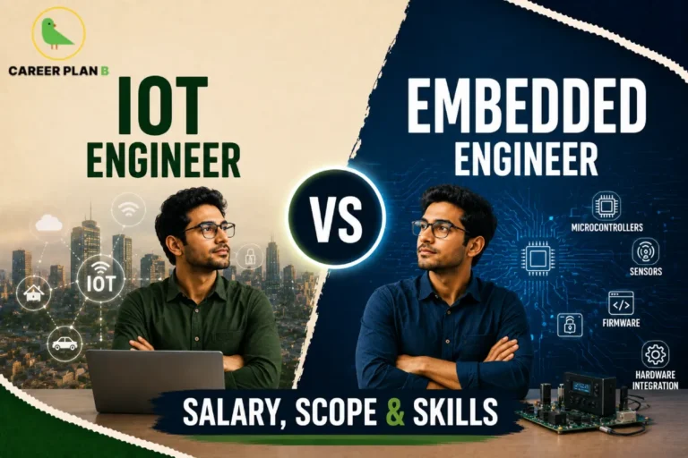 IoT Engineer vs Embedded Engineer comparison showing IoT connectivity, embedded systems, firmware development, microcontrollers, hardware integration, and career paths