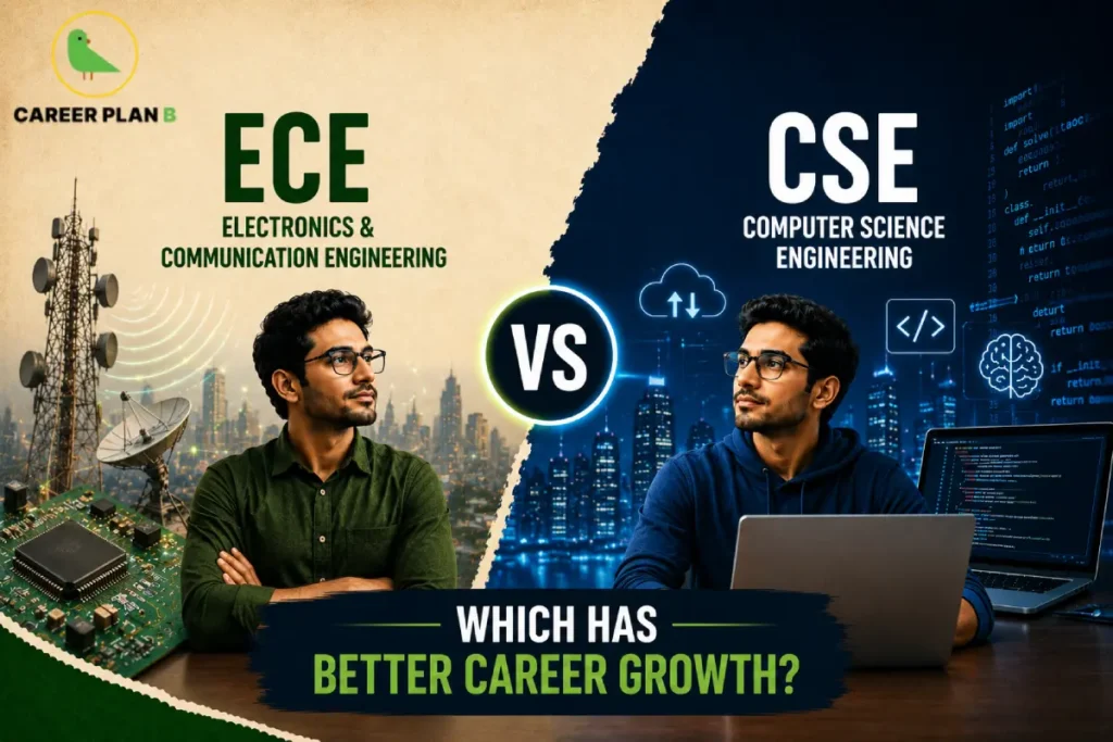 ECE vs CSE comparison showing Electronics and Communication Engineering and Computer Science Engineering career growth, skills, salary, and future scope