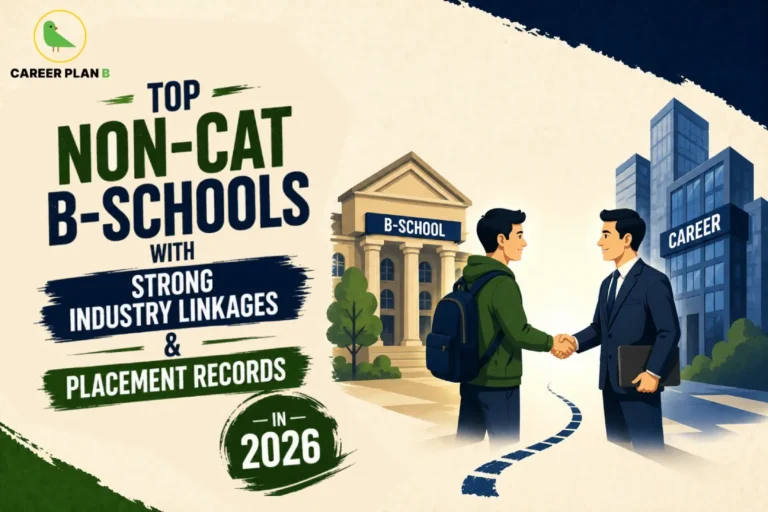 A career guidance and placement analysis infographic by Career Plan B titled "TOP NON-CAT B-SCHOOLS WITH STRONG INDUSTRY LINKAGES & PLACEMENT RECORDS IN 2026." The visual layout utilizes a textured beige background flanked by torn dark blue and green paper edges along the top and bottom borders. On the right, a cartoon illustration depicts a professional milestone: a young student wearing a green jacket and a backpack shakes hands with a corporate executive in a dark blue business suit holding a tablet folder. A dotted blue pathway connects a classic pillared business school building labeled "B-SCHOOL" in the background to a modern glass skyscraper labeled "CAREER" on the right. The Career Plan B green bird logo sits in the top-left corner.