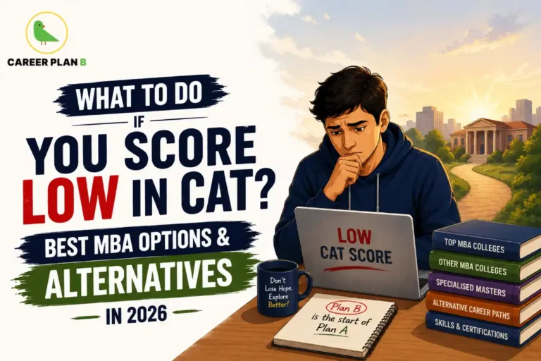 A motivational career guidance infographic by Career Plan B titled "WHAT TO DO IF YOU SCORE LOW IN CAT? BEST MBA OPTIONS & ALTERNATIVES IN 2026." The visual layout uses a bright off-white background with bold brush-stroke title text accents in dark blue and green on the left side. On the right, a dejected young man sits at a wooden table looking down at his open laptop, which displays the text "LOW CAT SCORE". A dark blue coffee mug next to him says "Don't Lose Hope. Explore Better!", and an open notepad reads "Plan B is the start of Plan A". To his right, a tall stack of colorful books outlines roadmap alternatives, including "TOP MBA COLLEGES", "OTHER MBA COLLEGES", "SPECIALISED MASTERS", "ALTERNATIVE CAREER PATHS", and "SKILLS & CERTIFICATIONS". In the background, a sunny path winds toward a grand, pillared campus building under a bright morning sky. The Career Plan B green bird logo is located in the top-left corner.