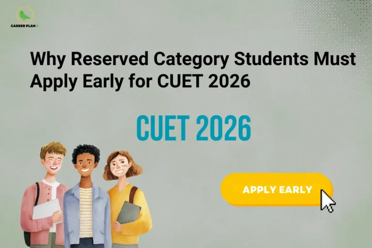 Banner for Why Reserved Category Students Must Apply Early for CUET 2026 featuring three students and an Apply Early registration button.