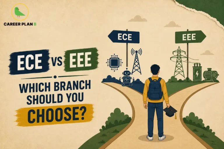 Student comparing ECE vs EEE engineering branches with electronics, communication, power systems, and electrical engineering career paths before college admission.