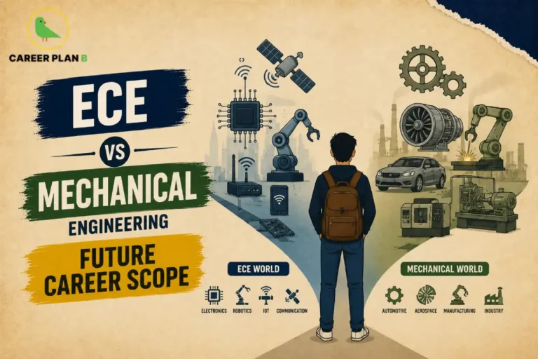 Student comparing ECE vs Mechanical Engineering with electronics, robotics, communication systems, automotive, manufacturing, and future career opportunities before choosing an engineering branch.