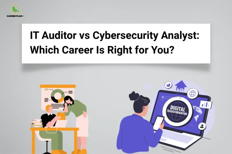 Illustrated professionals reviewing charts and digital transformation data comparing IT auditor and cybersecurity analyst careers, Career Plan B.