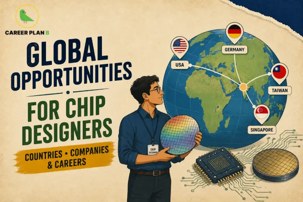 Global opportunities for chip designers showing top semiconductor career destinations including USA, Germany, Taiwan, and Singapore with semiconductor wafer and processor illustration.