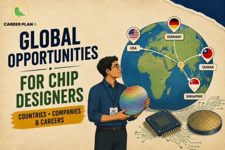Global opportunities for chip designers showing top semiconductor career destinations including USA, Germany, Taiwan, and Singapore with semiconductor wafer and processor illustration.