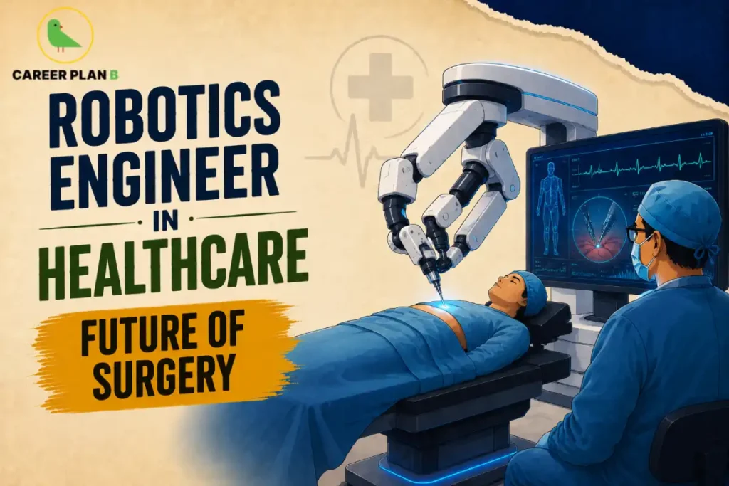 Robotics engineer in healthcare operating an AI-powered surgical robot during a minimally invasive procedure in a modern hospital operating room.