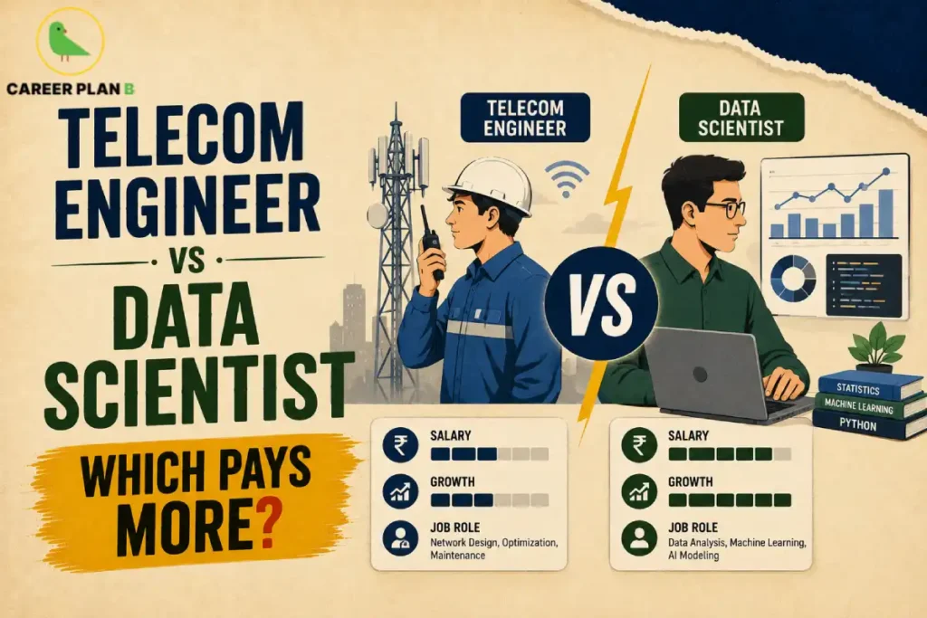 Telecom Engineer vs Data Scientist comparison showing 5G network engineering, data science, AI, machine learning, salary comparison, career growth, and job opportunities for engineering graduates.