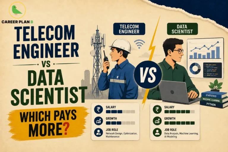 Telecom Engineer vs Data Scientist comparison showing 5G network engineering, data science, AI, machine learning, salary comparison, career growth, and job opportunities for engineering graduates.