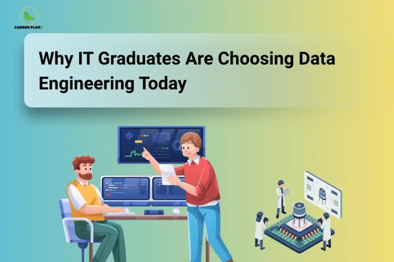Illustration of computer workstations and dashboard screens, with Career Plan B logo, highlighting Data Engineering.