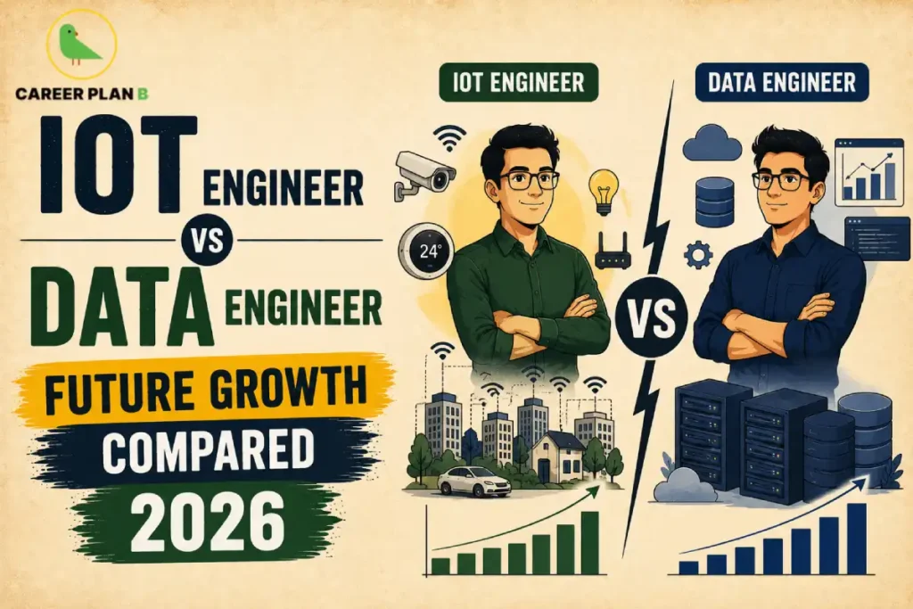 IoT Engineer vs Data Engineer comparing IoT devices, cloud computing, data pipelines, career growth, salary, and future opportunities