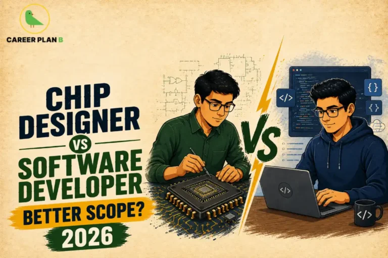 Chip Designer vs Software Developer comparison showing semiconductor engineer and software engineer career scope in 2026