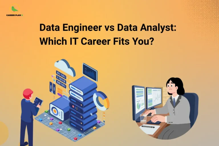 Illustration of data servers and an analyst at dual monitors comparing data engineer and data analyst career paths, Career Plan B.