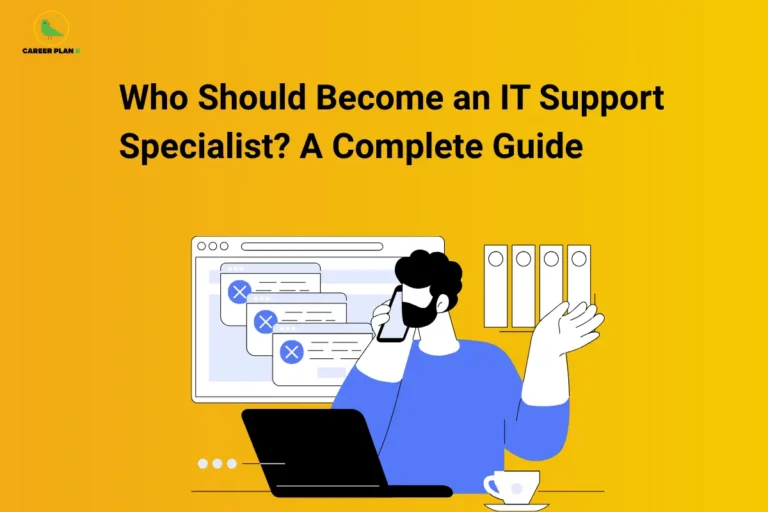Illustrated man on phone troubleshooting laptop errors with file folders nearby, Career Plan B IT support specialist career guide.