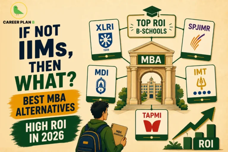 Educational infographic by Career Plan B titled "IF NOT IIMs, THEN WHAT? BEST MBA ALTERNATIVES WITH HIGH ROI IN 2026." On a textured beige background, a student wearing a green backpack holds an "MBA Admission" book while looking toward a grand stone archway labeled "MBA" that showcases a university building. Radiating from the archway are cards displaying top non-IIM business schools: XLRI, MDI, SPJIMR, IMT, and TAPMI, with a green "TOP ROI B-SCHOOLS" sign at the top. A green growth arrow labeled "ROI" sits in the bottom right corner, and the Career Plan B green bird logo is located in the top-left corner.