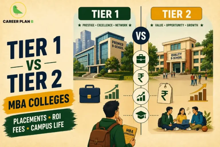 A comparative career guidance infographic by Career Plan B titled "TIER 1 VS TIER 2 MBA COLLEGES: PLACEMENTS, ROI, FEES, CAMPUS LIFE." On a beige background, a student with a brown backpack holds an "MBA Admission" booklet while looking at a direct comparison layout. The left side highlights "TIER 1" colleges under keywords like "PRESTIGE, EXCELLENCE, NETWORK," showing a modern "PREMIER B-SCHOOL" glass building and high-growth graphics. The right side features "TIER 2" colleges under "VALUE, OPPORTUNITY, GROWTH," depicting a "QUALITY B-SCHOOL" brick campus with students sitting together, indicating a lower fee price tag. A vertical line with icons representing jobs, salary, ROI, and education separates the two categories. The Career Plan B logo is in the top-left corner.