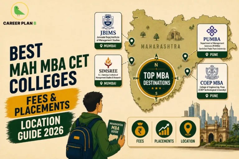 An admission guidance infographic by Career Plan B titled "BEST MAH MBA CET COLLEGES: FEES & PLACEMENTS LOCATION GUIDE 2026." Set against a textured beige background, a student wearing a backpack holds a "Maharashtra MBA Guide" booklet while looking at a map of Maharashtra. The map features a central compass graphic labeled "TOP MBA DESTINATIONS" and points to key institutional cards: JBIMS (Mumbai), SIMSREE (Mumbai), PUMBA (Pune), and COEP MBA (Pune). Three circular icons at the bottom represent "FEES," "PLACEMENTS," and "LOCATION" next to an illustration of Mumbai's Gateway of India skyline. The Career Plan B logo sits in the top-left corner.