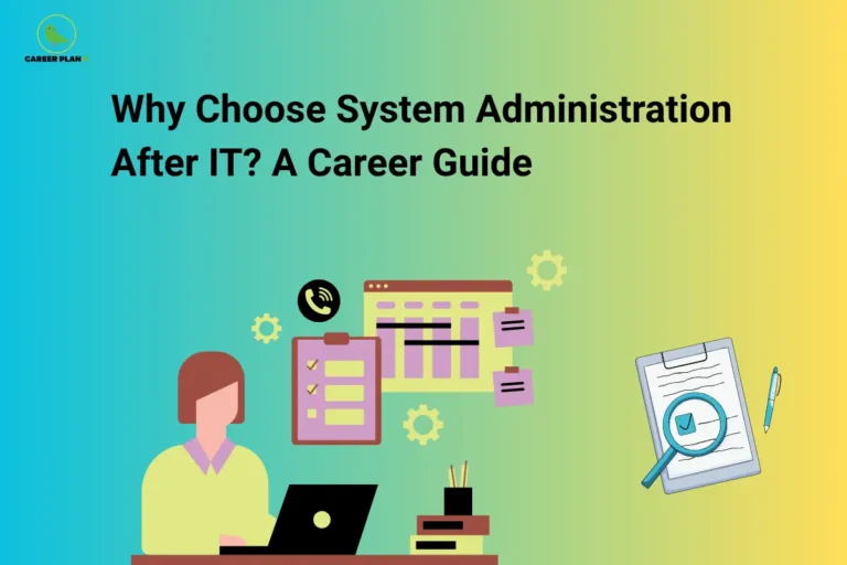 An illustration about system administration featuring a person at a laptop with the Career Plan B logo.