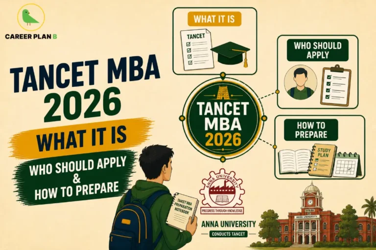 An admission guidance infographic by Career Plan B titled "TANCET MBA 2026: WHAT IT IS, WHO SHOULD APPLY & HOW TO PREPARE." On a textured beige background, a student with a green backpack holds a "TANCET MBA PREPARATION NOTEBOOK" while facing a central circular badge labeled "TANCET MBA 2026." Connected to this central hub are three descriptive cards: "WHAT IT IS" featuring an exam checklist and a graduation cap, "WHO SHOULD APPLY" showing a candidate profile checklist, and "HOW TO PREPARE" detailing a study plan notebook and calendar. Below the hub sits the official seal of Anna University, placed next to a traditional red-brick campus building icon labeled "ANNA UNIVERSITY CONDUCTS TANCET." The Career Plan B logo is positioned in the top-left corner.