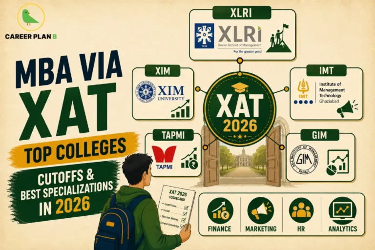 An admission guidance infographic by Career Plan B titled "MBA VIA XAT TOP COLLEGES: CUTOFFS & BEST SPECIALIZATIONS IN 2026." On a light beige background, a male student with a backpack holds a "XAT 2026 SCORECARD" checklist while looking toward a central circular badge labeled "XAT 2026." The central hub is set above an open gateway showing a college campus and connects to cards for top management institutes: XLRI, XIM University, IMT Ghaziabad, TAPMI, and GIM. Four circular icons at the bottom represent major specialization paths: FINANCE, MARKETING, HR, and ANALYTICS. The Career Plan B logo sits in the top-left corner.